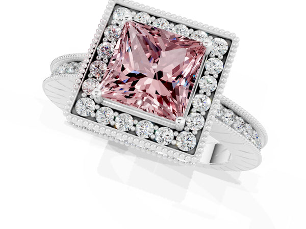 Platinum Princess Cut Halo Diamond Engagement Ring with Milgrain Pave Band and Four-Prong Setting