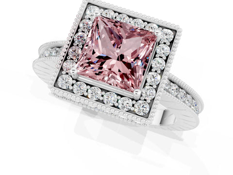 White gold Princess Cut Halo Diamond Engagement Ring with Milgrain Pave Band and Four-Prong Setting_1