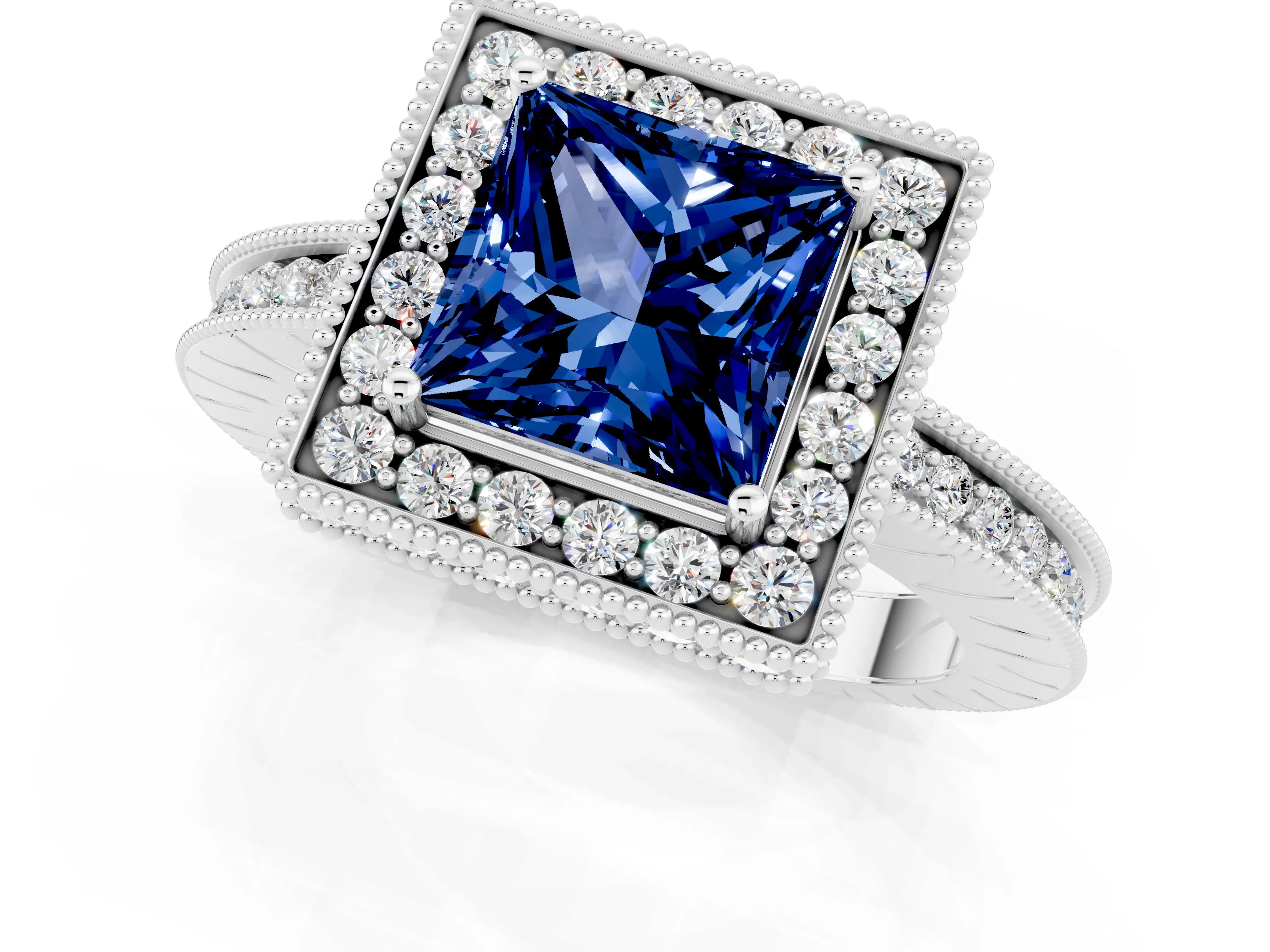 White gold Princess Cut Halo Diamond Engagement Ring with Milgrain Pave Band and Four-Prong Setting_1