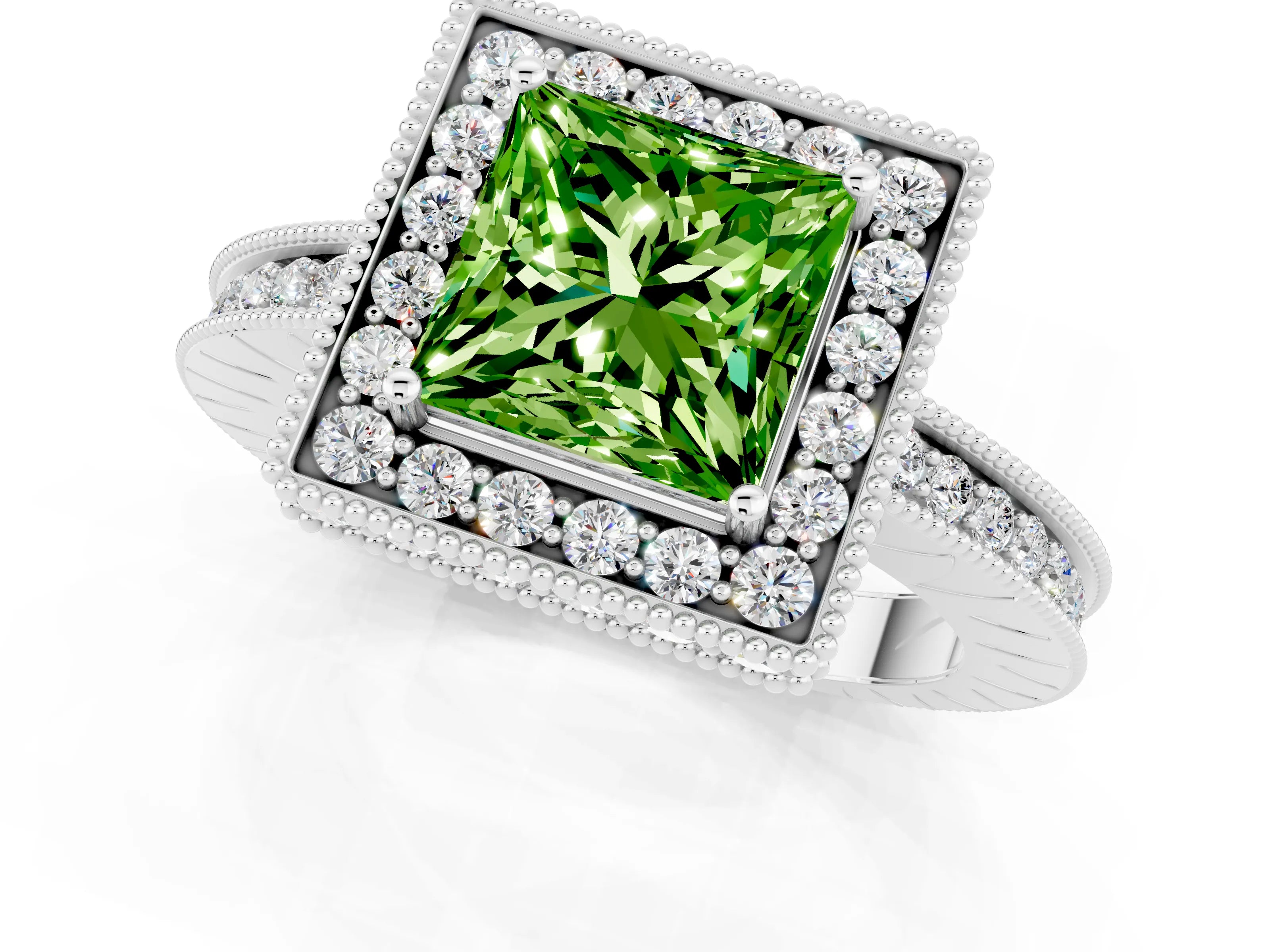 White gold Princess Cut Halo Diamond Engagement Ring with Milgrain Pave Band and Four-Prong Setting_1