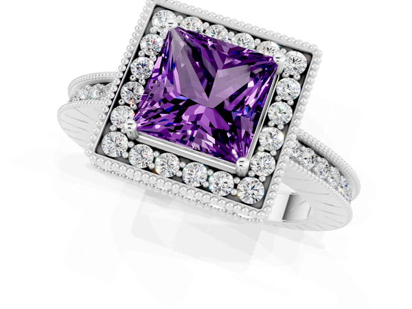 Silver Princess Cut Amethyst Milgrain Halo Engagement Ring with Round Pavé Band and Prong Setting