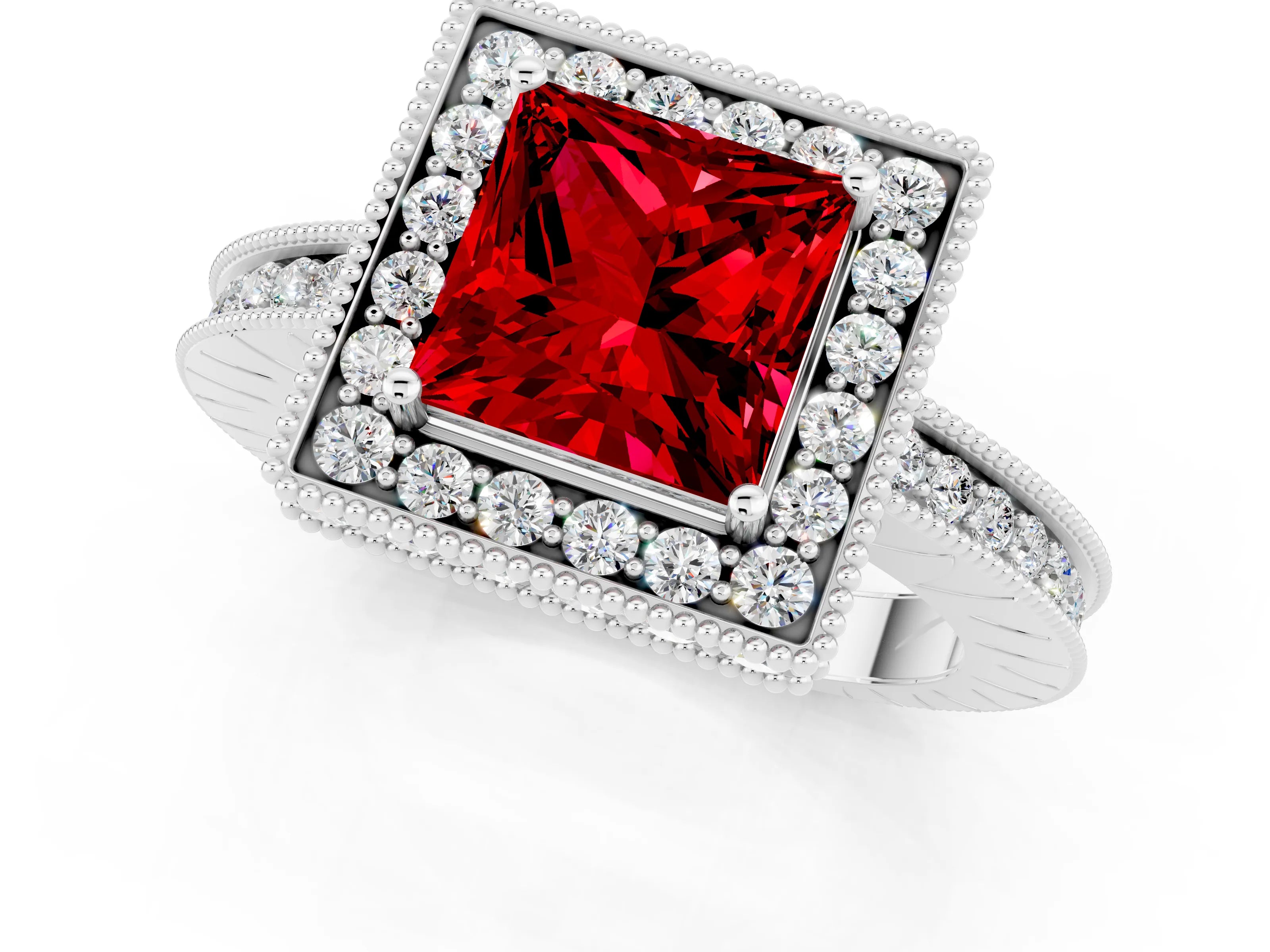 White gold Princess Cut Halo Diamond Engagement Ring with Milgrain Pave Band and Four-Prong Setting_1
