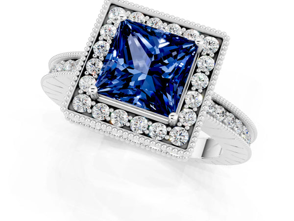 Silver Princess Cut Halo Diamond Engagement Ring with Milgrain Pave Band and Four-Prong Setting