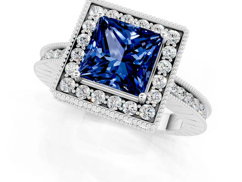 White gold Princess Cut Halo Diamond Engagement Ring with Milgrain Pave Band and Four-Prong Setting_1