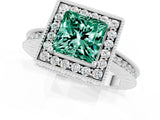 White gold Princess Cut Halo Diamond Engagement Ring with Milgrain Pave Band and Four-Prong Setting_1