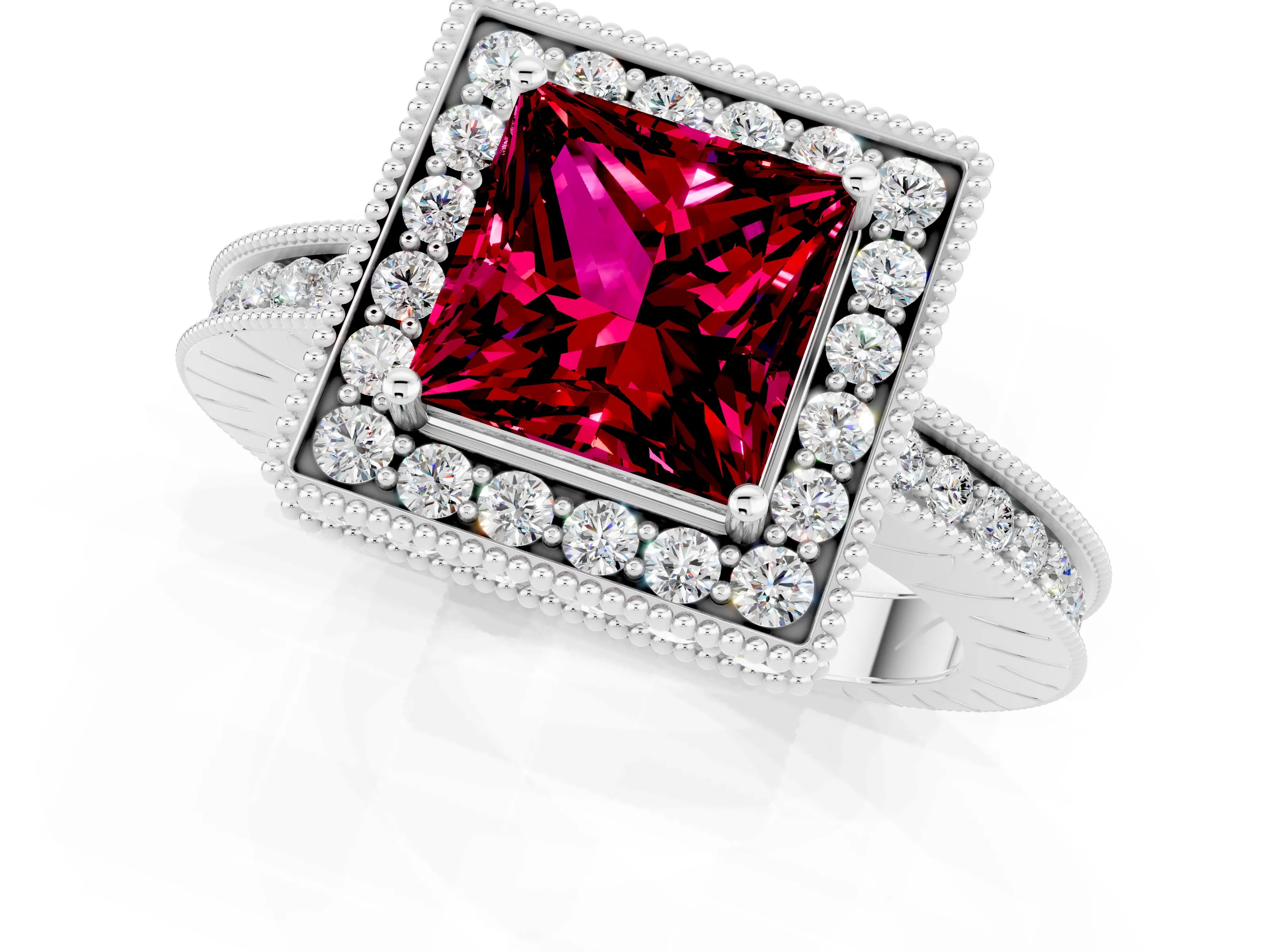 White gold Princess Cut Halo Diamond Engagement Ring with Milgrain Pave Band and Four-Prong Setting_1