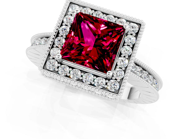 Silver Princess Cut Halo Diamond Engagement Ring with Milgrain Pave Band and Four-Prong Setting