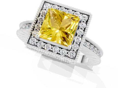 White gold Princess Cut Halo Diamond Engagement Ring with Milgrain Pave Band and Four-Prong Setting_1