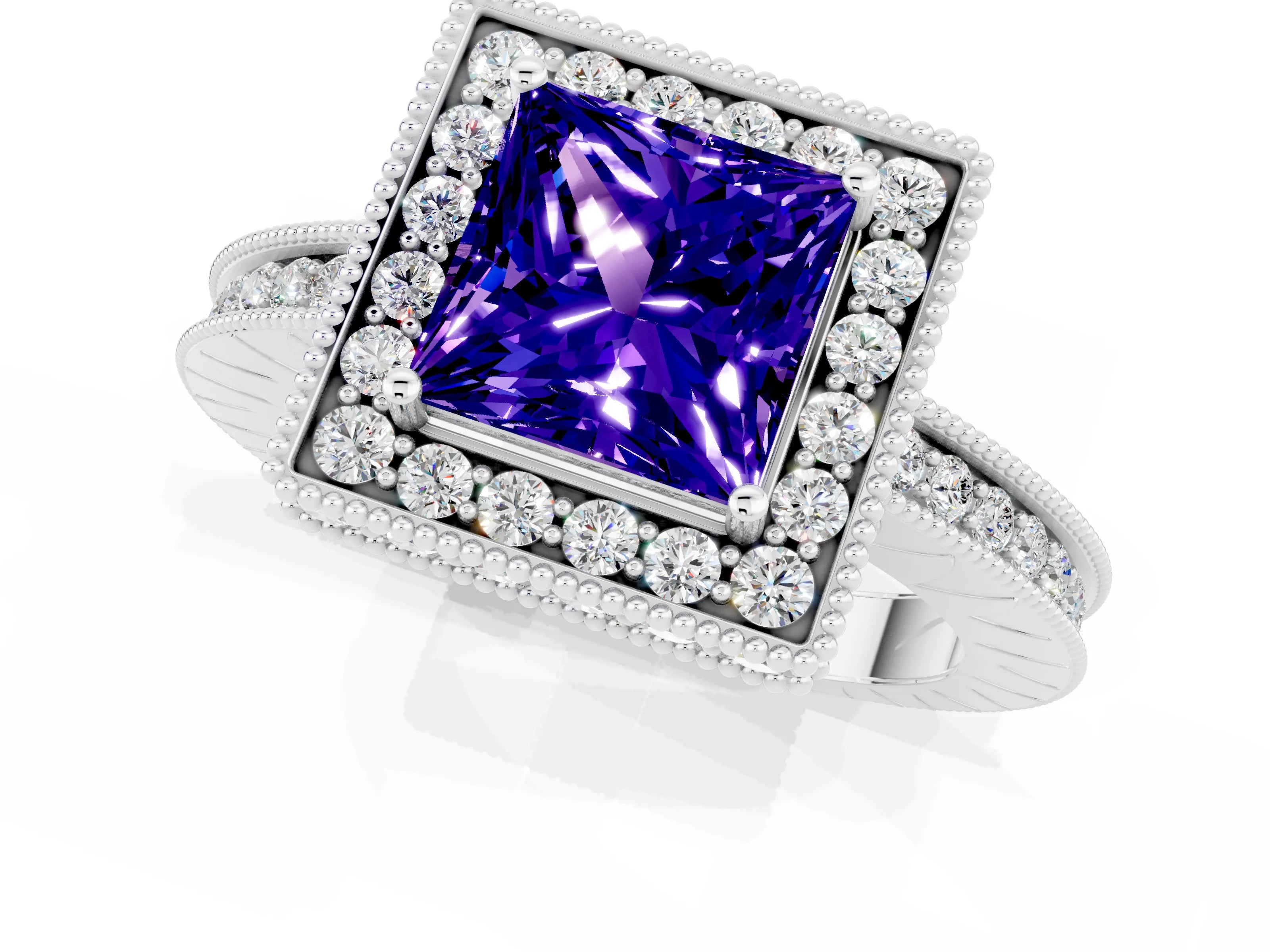 White gold Princess Cut Halo Diamond Engagement Ring with Milgrain Pave Band and Four-Prong Setting_1