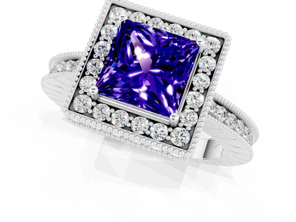 White gold Princess Cut Halo Diamond Engagement Ring with Milgrain Pave Band and Four-Prong Setting