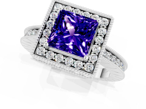 White gold Princess Cut Halo Diamond Engagement Ring with Milgrain Pave Band and Four-Prong Setting_1