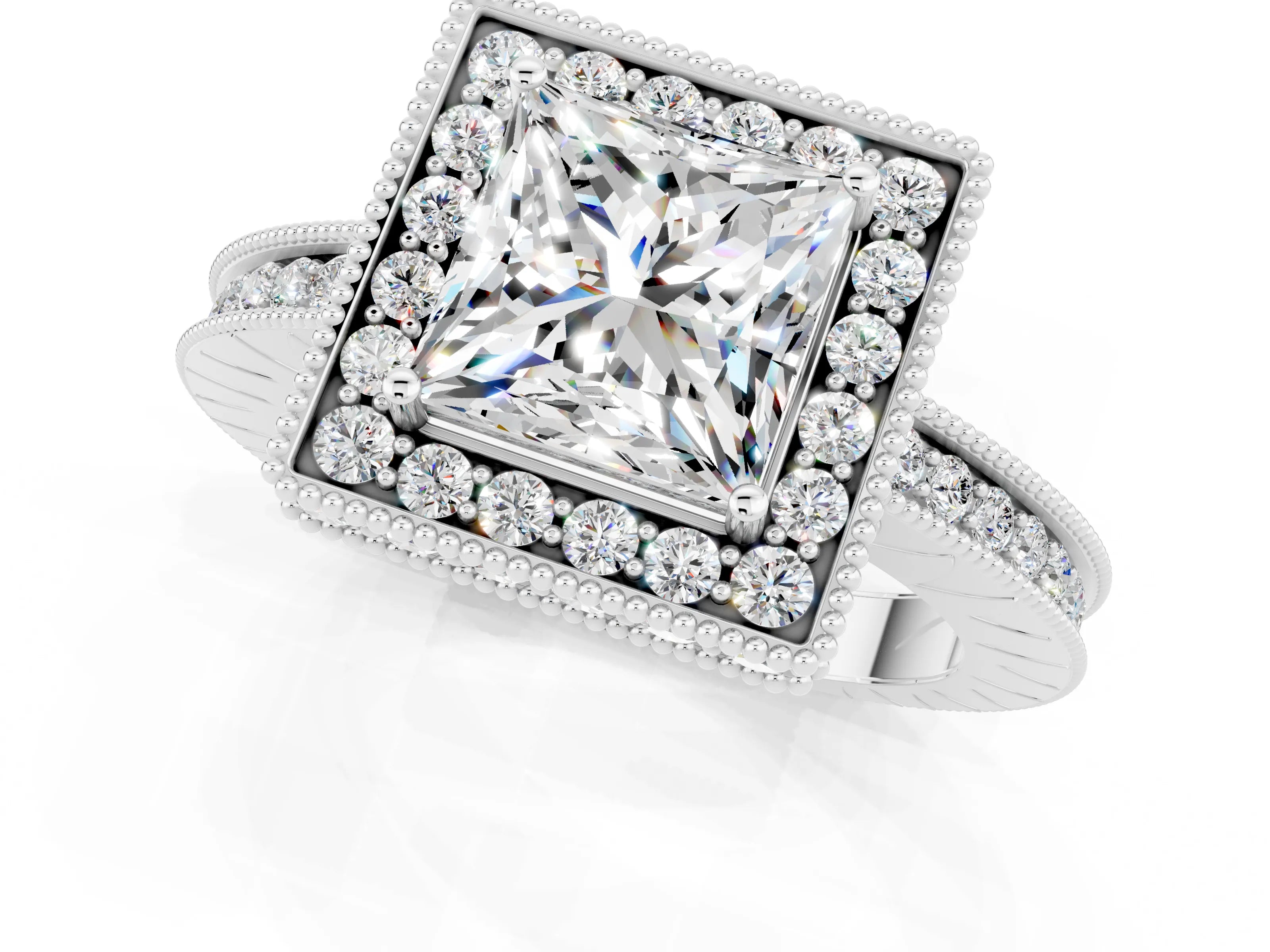 White gold Princess Cut Halo Diamond Engagement Ring with Milgrain Pave Band and Four-Prong Setting_1