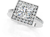 White gold Princess Cut Halo Diamond Engagement Ring with Milgrain Pave Band and Four-Prong Setting_1