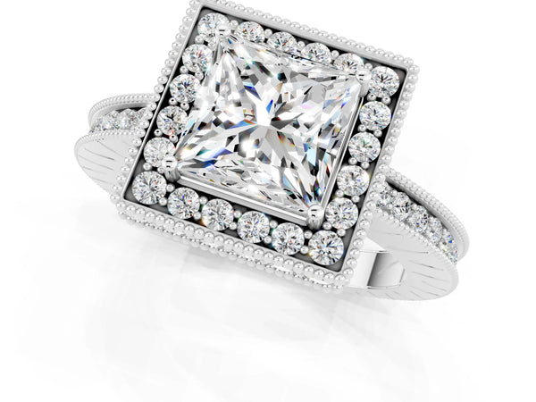 Silver Princess Cut Halo Diamond Engagement Ring with Milgrain Pave Band and Four-Prong Setting