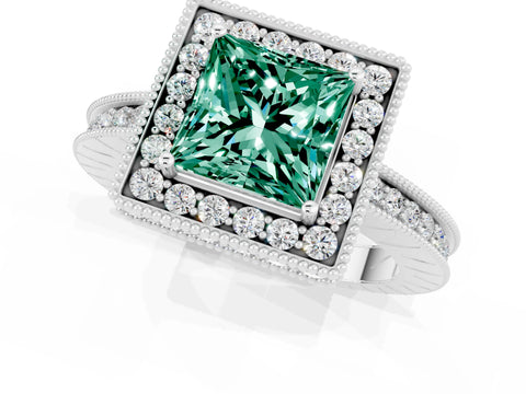 White gold Princess Cut Halo Diamond Engagement Ring with Milgrain Pave Band and Four-Prong Setting_1