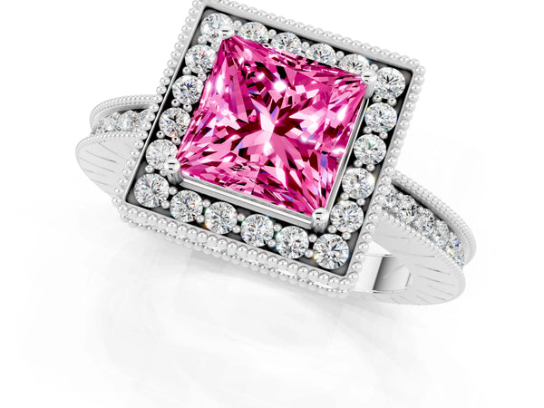 White gold Princess Cut Halo Diamond Engagement Ring with Milgrain Pave Band and Four-Prong Setting