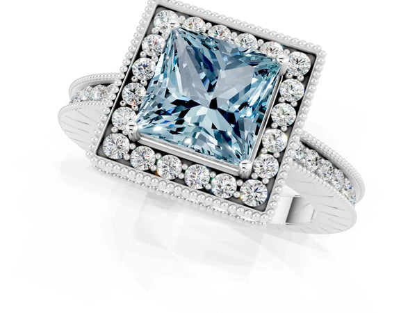 White gold Princess Cut Halo Diamond Engagement Ring with Milgrain Pave Band and Four-Prong Setting
