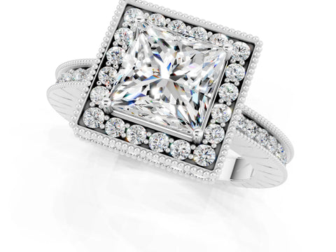 White gold Princess Cut Halo Diamond Engagement Ring with Milgrain Pave Band and Four-Prong Setting_1