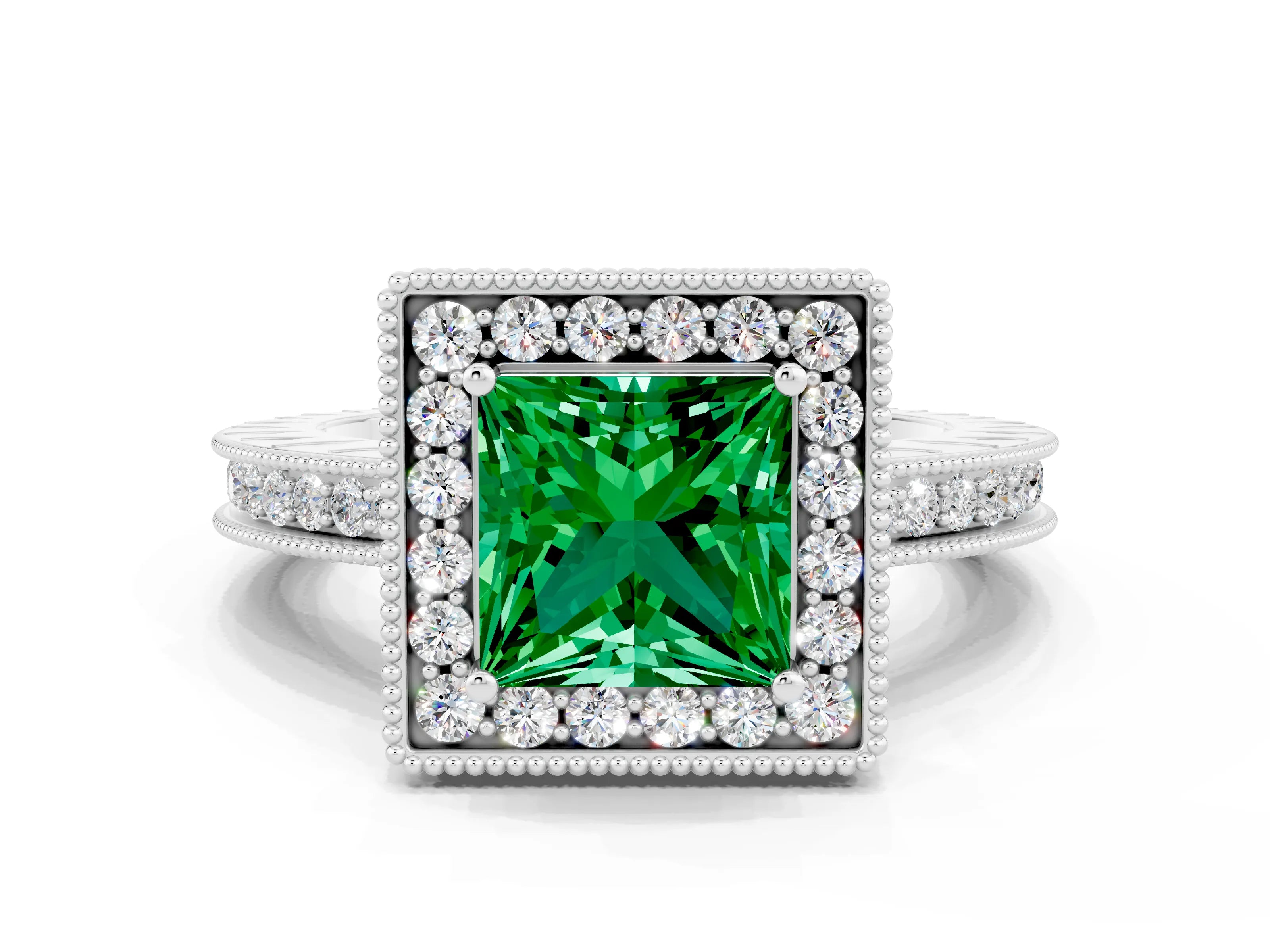 White gold Princess Cut Halo Diamond Engagement Ring with Milgrain Pave Band and Four-Prong Setting