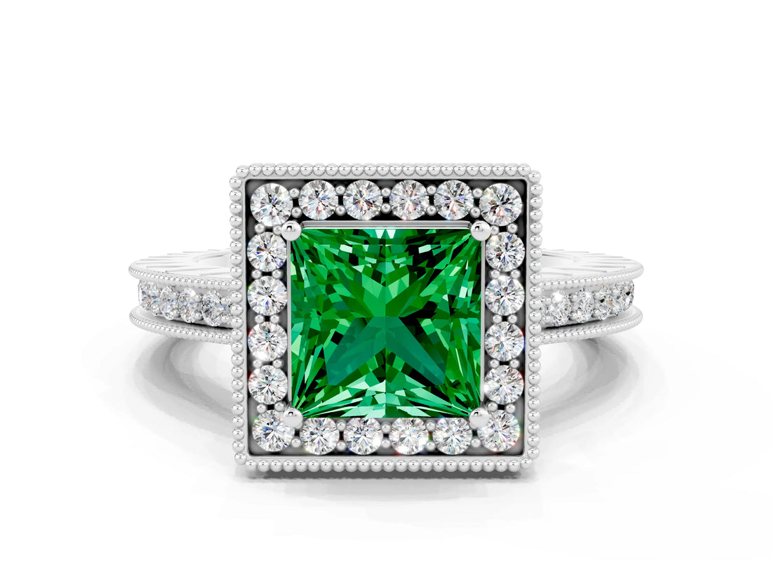 White gold Princess Cut Halo Diamond Engagement Ring with Milgrain Pave Band and Four-Prong Setting