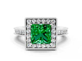 White gold Princess Cut Halo Diamond Engagement Ring with Milgrain Pave Band and Four-Prong Setting