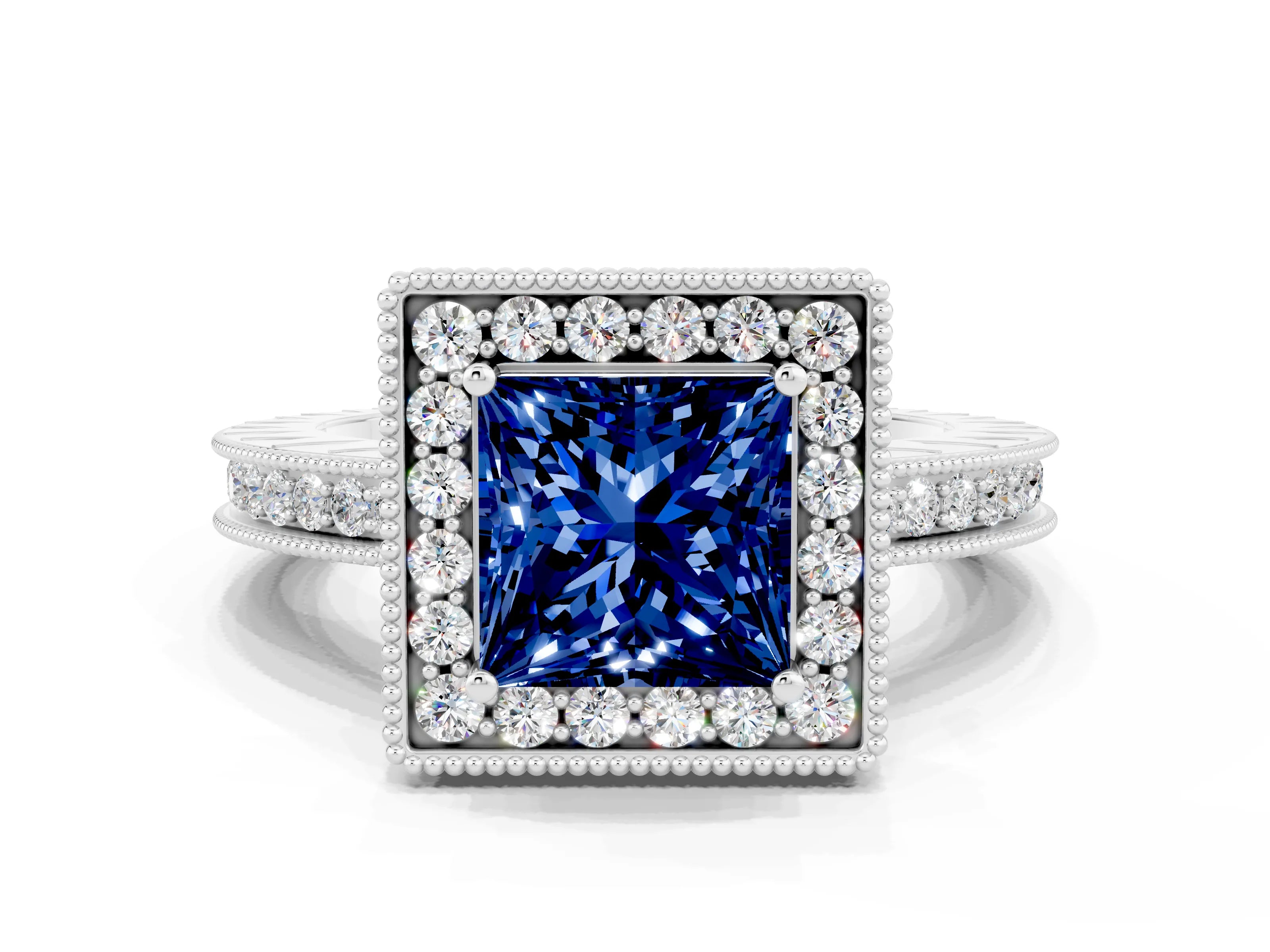 White gold Princess Cut Halo Diamond Engagement Ring with Milgrain Pave Band and Four-Prong Setting