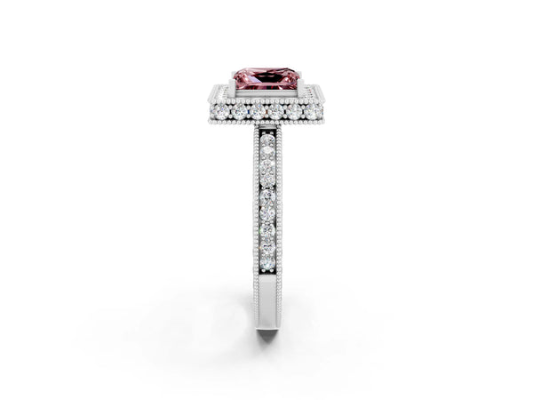 Platinum Princess Cut Halo Diamond Engagement Ring with Milgrain Pave Band and Four-Prong Setting