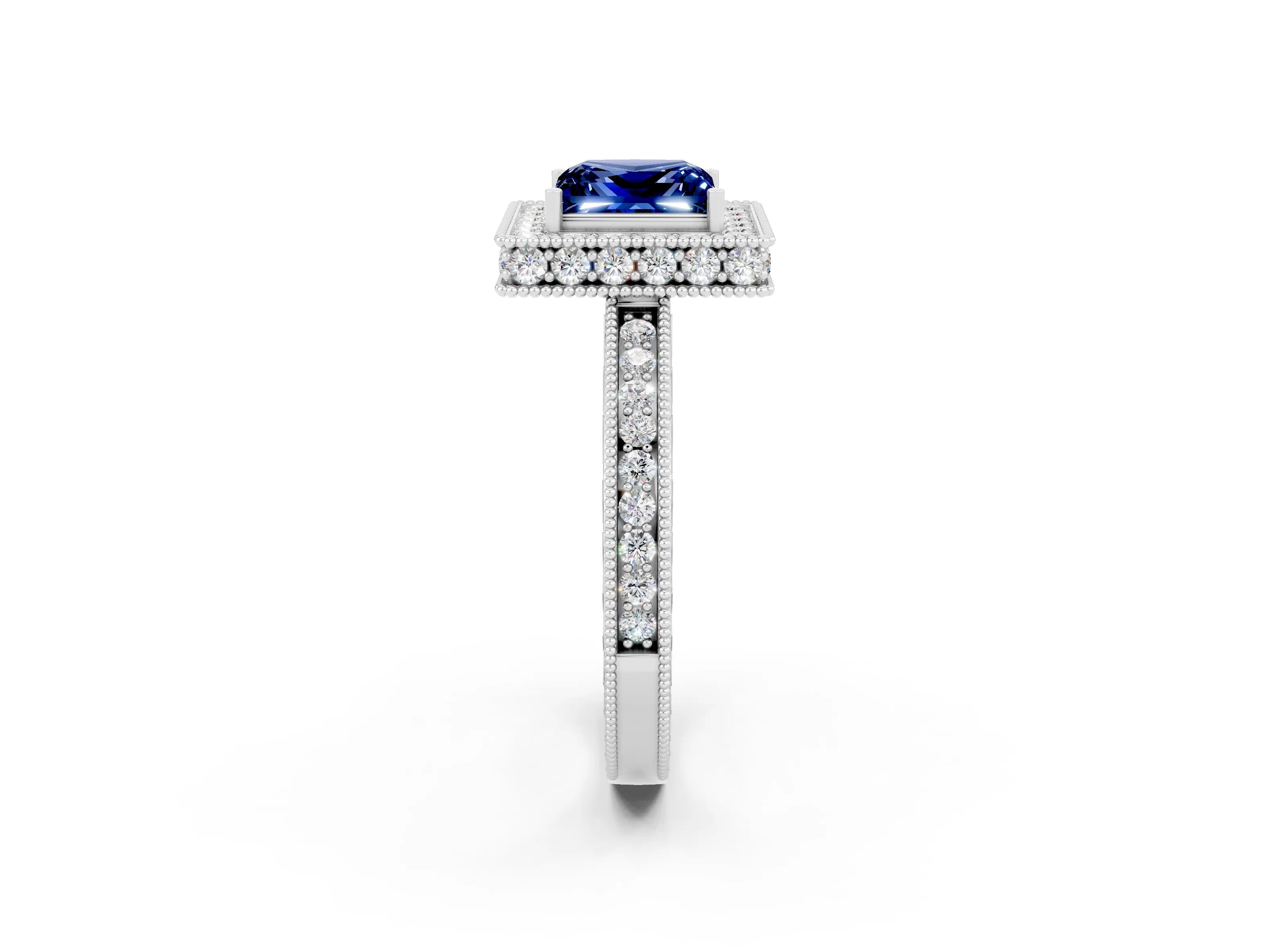 White gold Princess Cut Halo Diamond Engagement Ring with Milgrain Pave Band and Four-Prong Setting_2