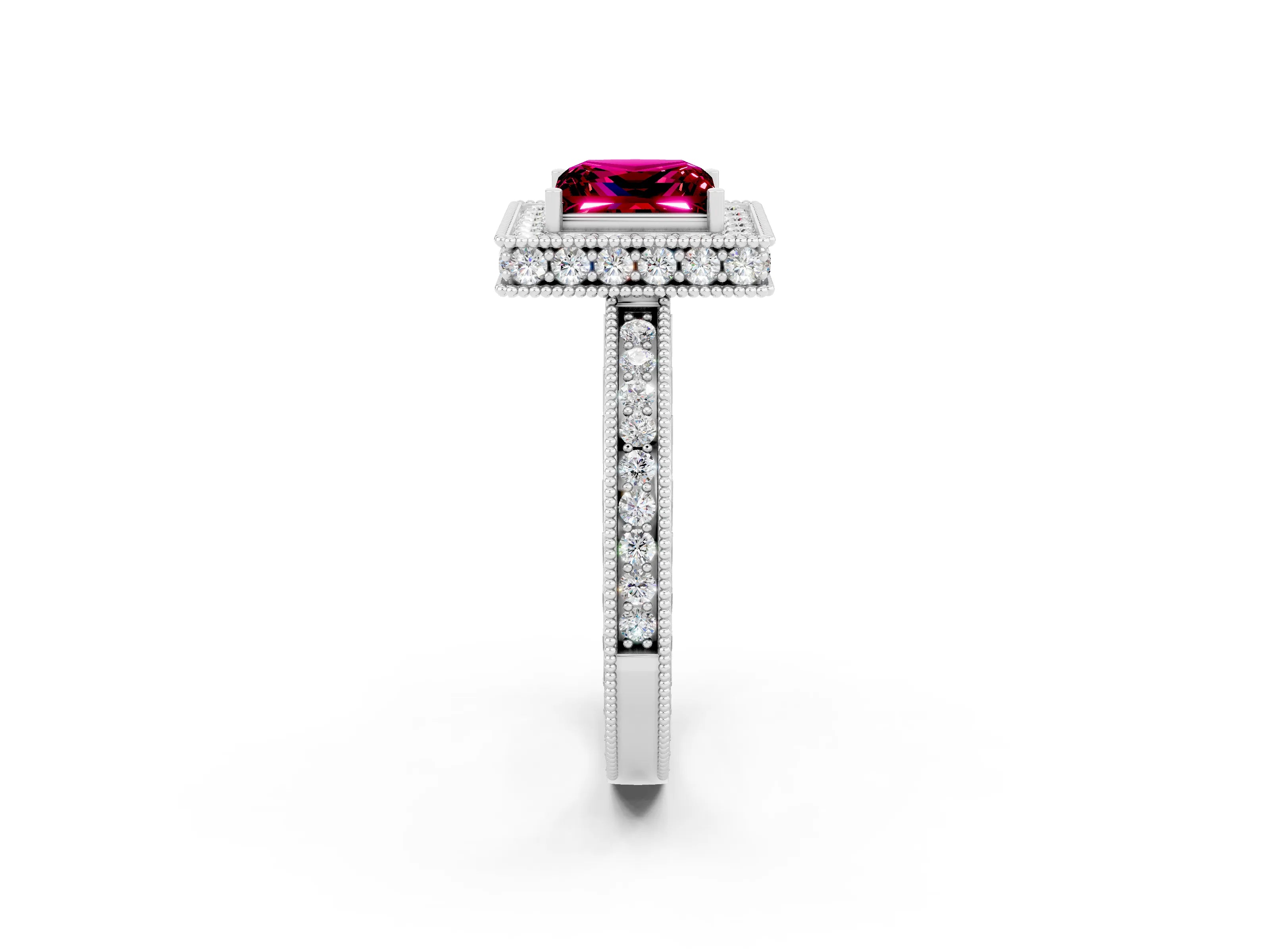White gold Princess Cut Halo Diamond Engagement Ring with Milgrain Pave Band and Four-Prong Setting_2