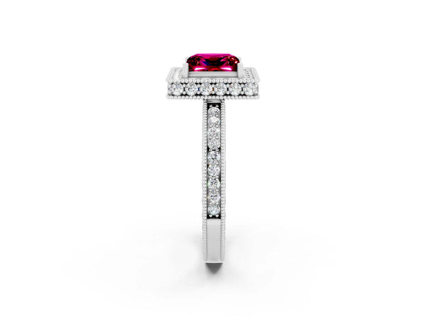 White gold Princess Cut Halo Diamond Engagement Ring with Milgrain Pave Band and Four-Prong Setting