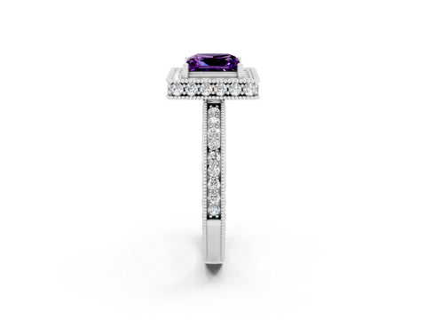 White gold Princess Cut Halo Diamond Engagement Ring with Milgrain Pave Band and Four-Prong Setting_2