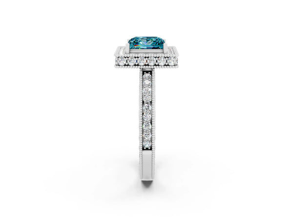 Silver Princess Cut Halo Diamond Engagement Ring with Milgrain Pave Band and Four-Prong Setting
