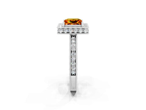 White gold Princess Cut Halo Diamond Engagement Ring with Milgrain Pave Band and Four-Prong Setting_2