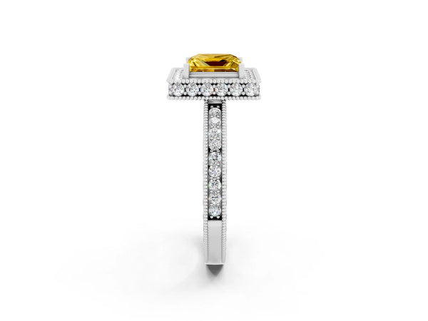 White gold Princess Cut Halo Diamond Engagement Ring with Milgrain Pave Band and Four-Prong Setting