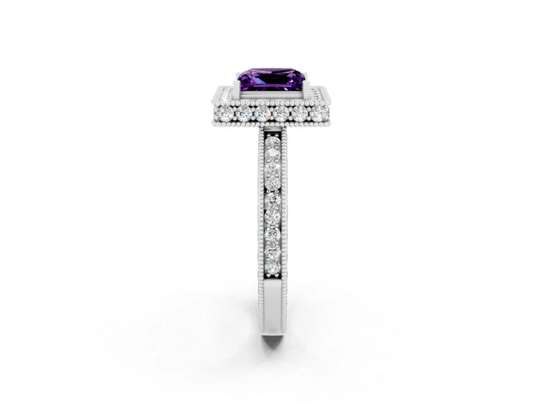Silver Princess Cut Amethyst Milgrain Halo Engagement Ring with Round Pavé Band and Prong Setting