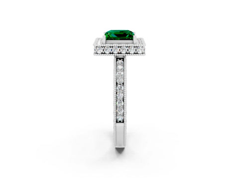 White gold Princess Cut Halo Diamond Engagement Ring with Milgrain Pave Band and Four-Prong Setting_2