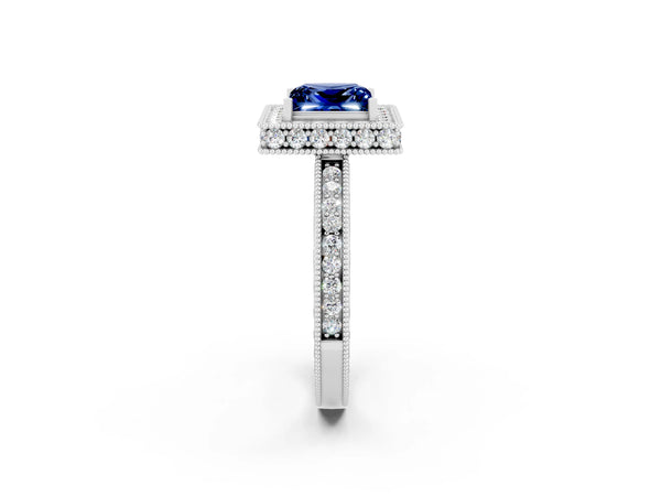 White gold Princess Cut Halo Diamond Engagement Ring with Milgrain Pave Band and Four-Prong Setting