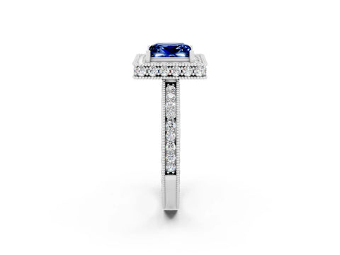 White gold Princess Cut Halo Diamond Engagement Ring with Milgrain Pave Band and Four-Prong Setting_2