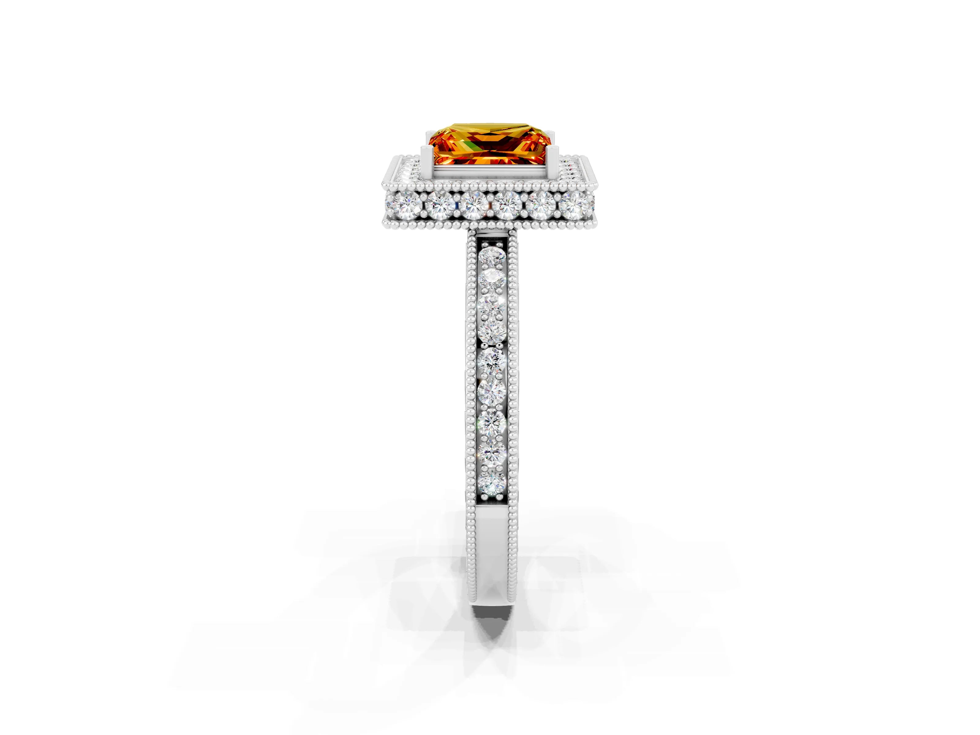 White gold Princess Cut Halo Diamond Engagement Ring with Milgrain Pave Band and Four-Prong Setting_2
