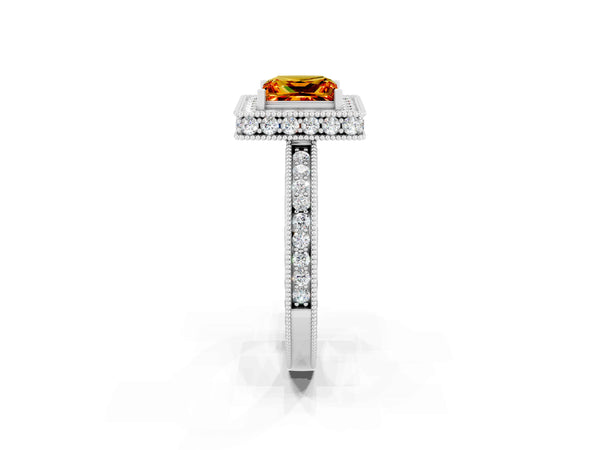 Silver Princess Cut Halo Diamond Engagement Ring with Milgrain Pave Band and Four-Prong Setting