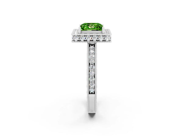 Platinum Princess Cut Halo Diamond Engagement Ring with Milgrain Pave Band and Four-Prong Setting