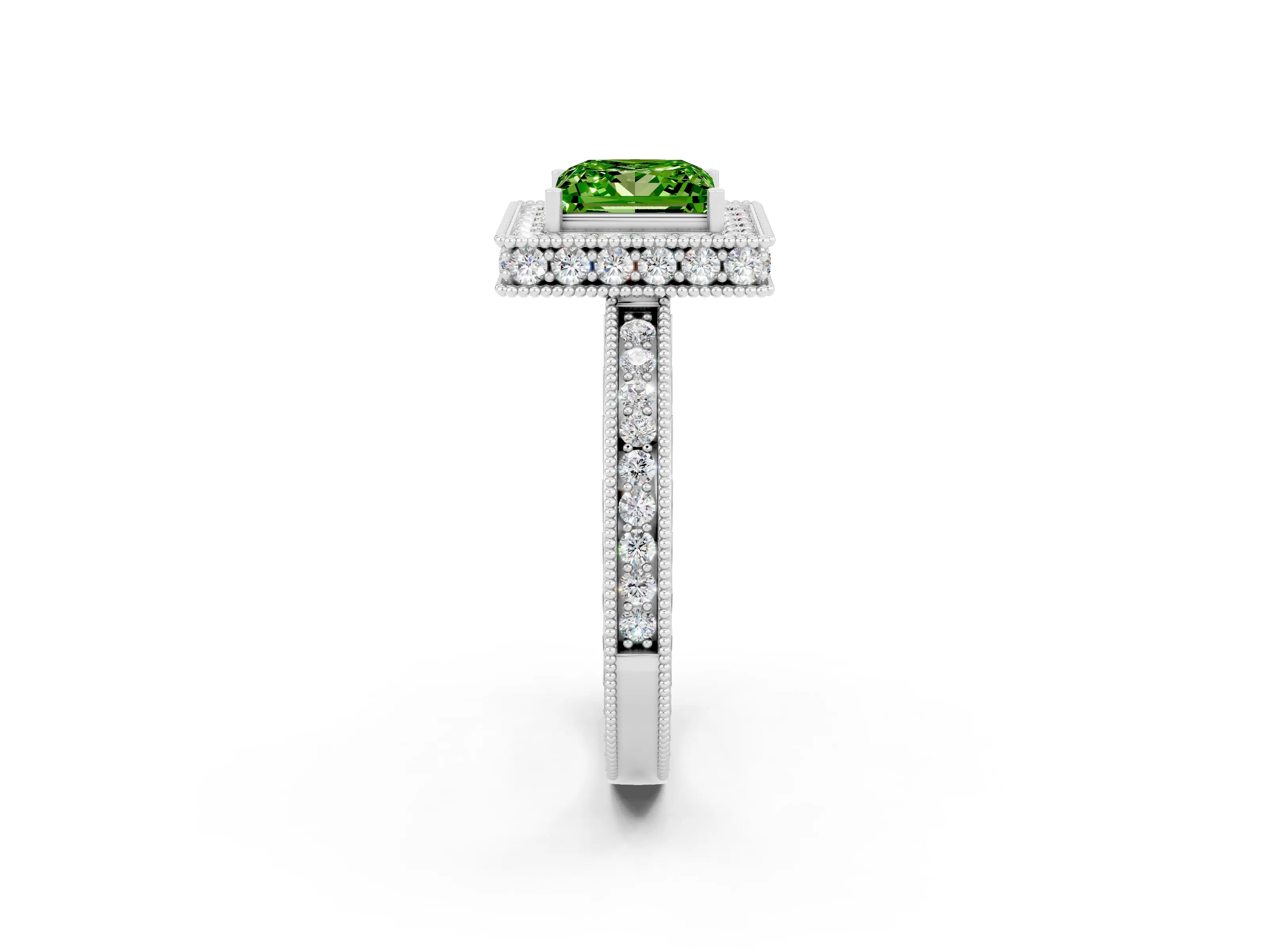 White gold Princess Cut Halo Diamond Engagement Ring with Milgrain Pave Band and Four-Prong Setting_2