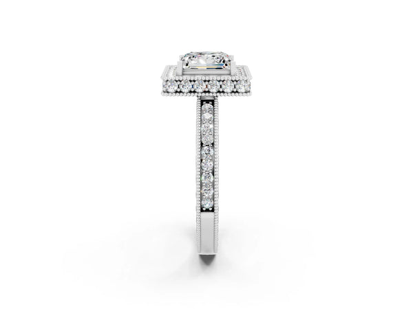 Platinum Princess Cut Halo Diamond Engagement Ring with Milgrain Pave Band and Four-Prong Setting
