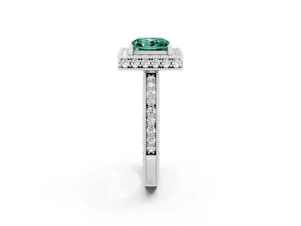 White gold Princess Cut Halo Diamond Engagement Ring with Milgrain Pave Band and Four-Prong Setting