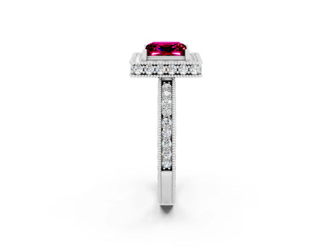 White gold Princess Cut Halo Diamond Engagement Ring with Milgrain Pave Band and Four-Prong Setting_2