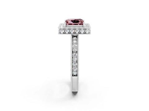 White gold Princess Cut Halo Diamond Engagement Ring with Milgrain Pave Band and Four-Prong Setting_2