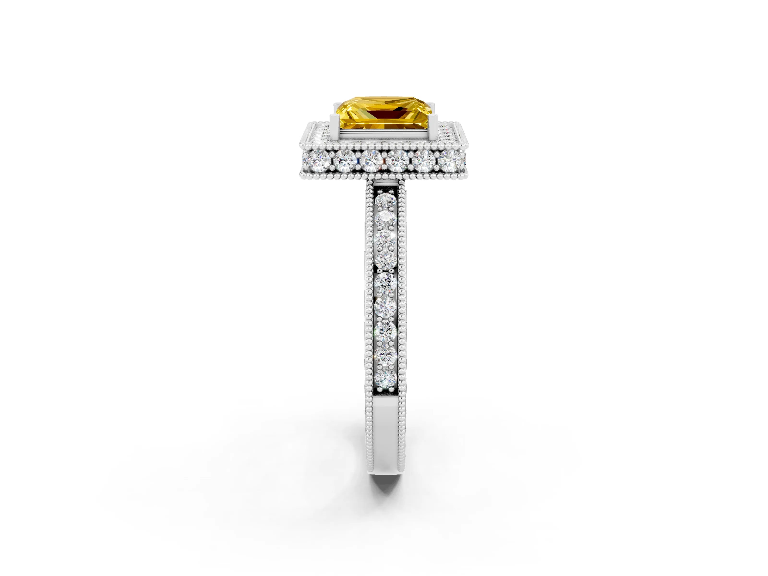 White gold Princess Cut Halo Diamond Engagement Ring with Milgrain Pave Band and Four-Prong Setting_2