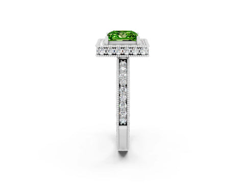 White gold Princess Cut Halo Diamond Engagement Ring with Milgrain Pave Band and Four-Prong Setting_2