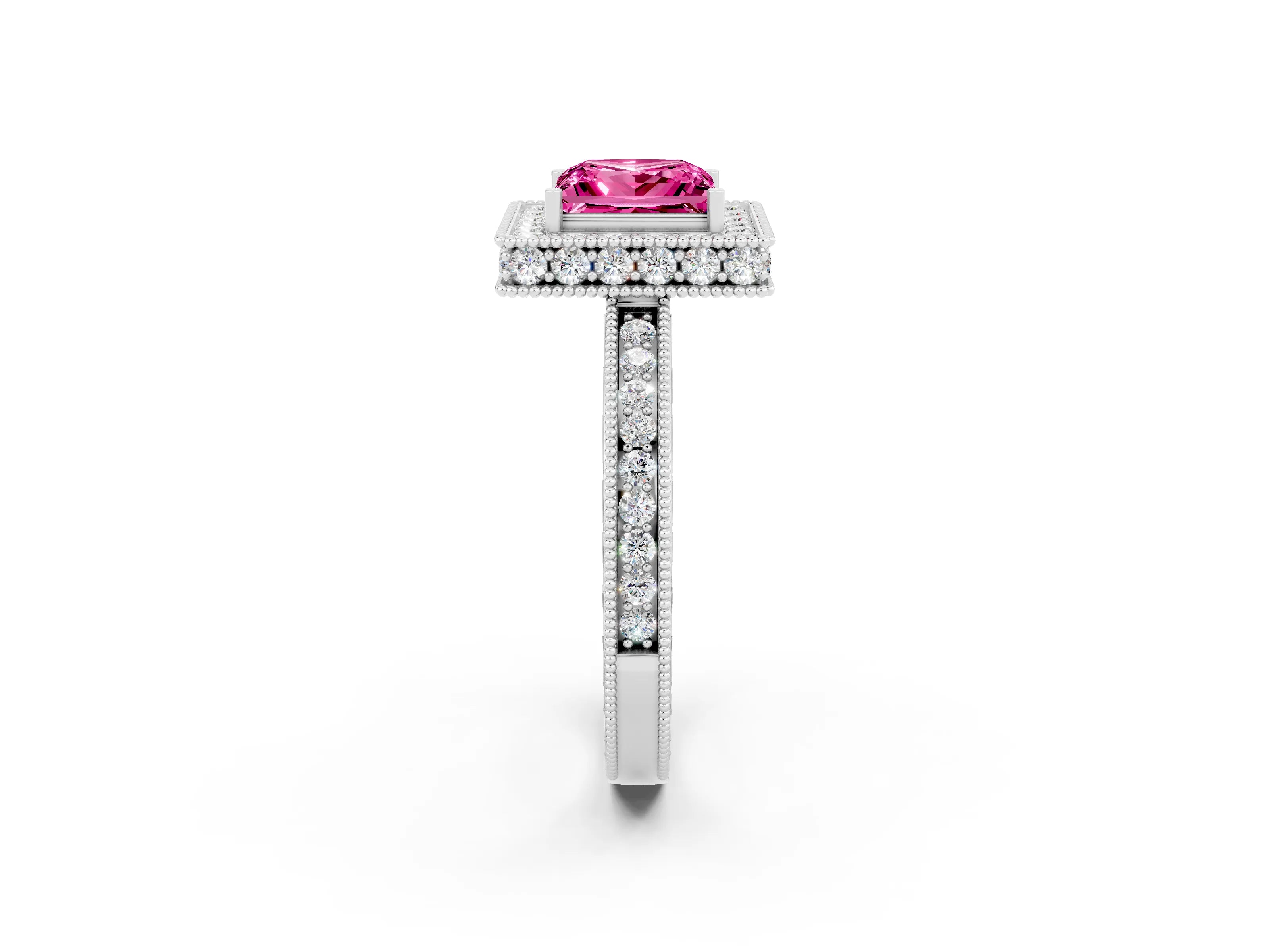 White gold Princess Cut Halo Diamond Engagement Ring with Milgrain Pave Band and Four-Prong Setting_2