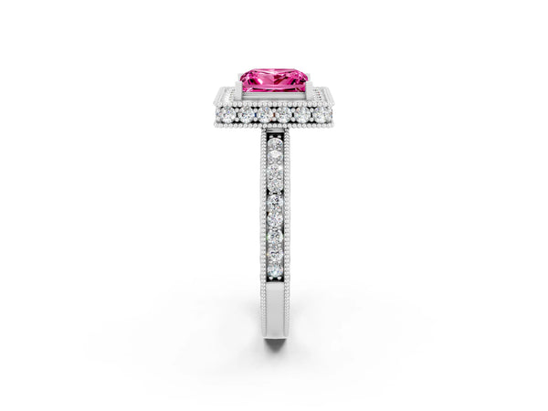 Silver Princess Cut Halo Diamond Engagement Ring with Milgrain Pave Band and Four-Prong Setting